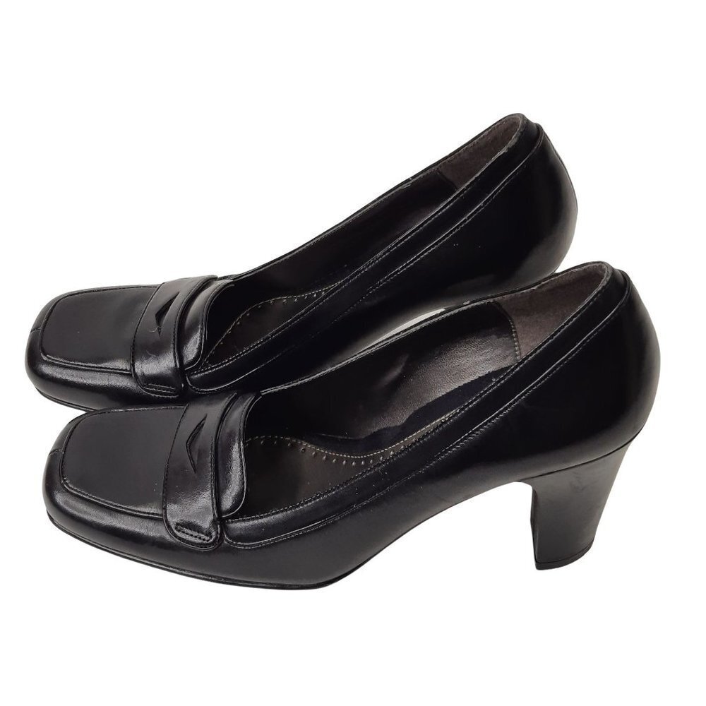 NATURALIZER BLACK SQUARE TOE LEATHER HEEL SHOES SZ‎ 8.5 N